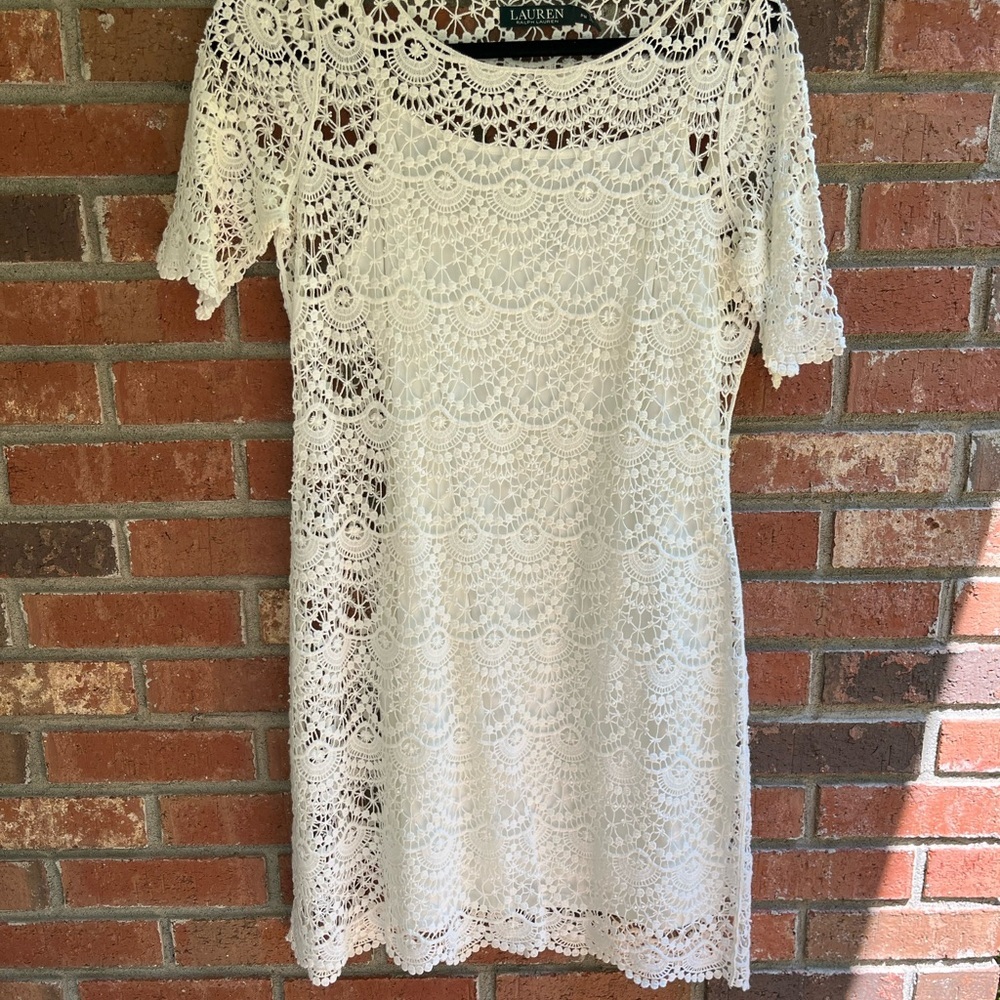 Lauren Ralph white Crocheted Lace Dress Sz MP Fairy BoHo Whimpsi celestial Party